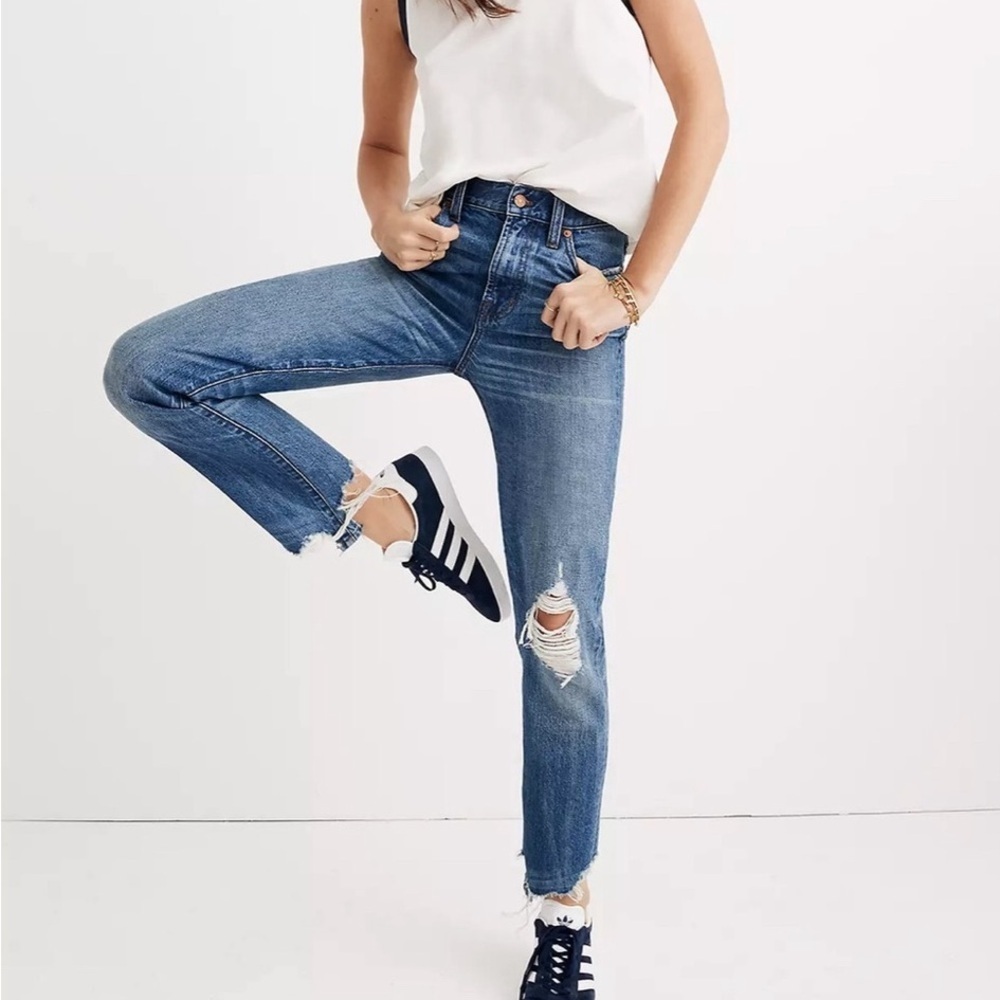 Madewell the perfect Vintage Collection blue jeans distressed denim ripped knees
